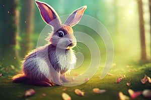 AI generated illustration of an adorable rabbit in the magic forest with fallen leaves