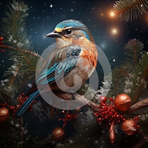 AI-generated illustration of an adorable small bird perched atop a branch of Christmas tree