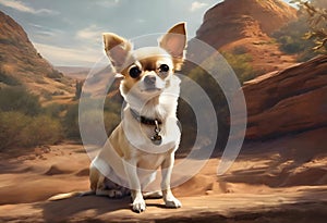 AI generated illustration of an adorable small Chihuahua dog perched atop a scenic mountain top