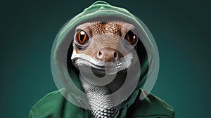AI generated illustration of an adorable snake, sporting a stylish and trendy hoodie