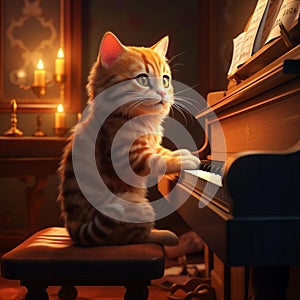 AI generated illustration of an adorable tabby cat playing piano