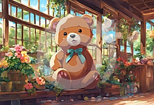 AI generated illustration of an adorable teddy bear seated in the center of a vibrant garden