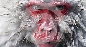 AI generated illustration of an adorable white and red-furred monkey standing in a wintry landscape