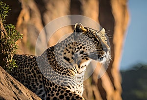 AI generated illustration of Adult leopard basking on sunlit rock