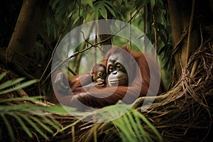 AI generated illustration of an adult orangutan and her young cuddled up in a tree branch