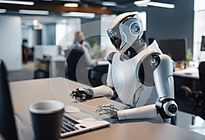 AI generated illustration of an advanced humanoid robot sitting at a modern desk with a laptop