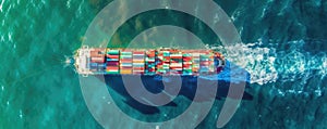 AI generated illustration of an aerial shot of a large container ship at sea