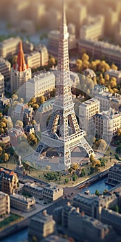 AI generated illustration of an aerial view of Eiffel Tower in Paris, France at sunset