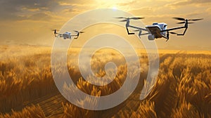 AI generated illustration of Aerial view of two drones in flight over a wheat field at sunset