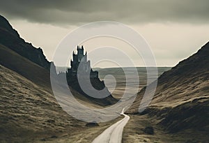 AI generated illustration of an aerial view of a winding road leading up to a majestic castle