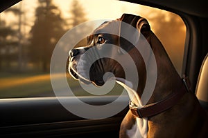 AI generated illustration of an affable boxer dog  in the passenger seat of a car