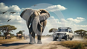 AI generated illustration of An African elephant crossing a dusty road as vehicles pass