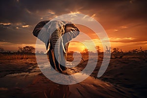 AI generated illustration of An African elephant strides through a vast and muddy field