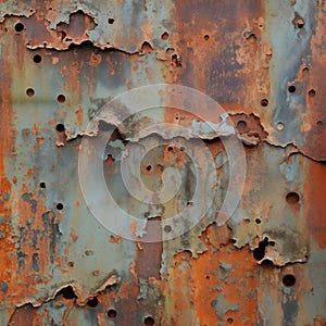 AI generated illustration of an aged and weathered sheet of steel with multiple rusted holes