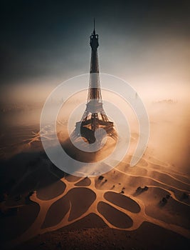 AI-Generated illustration of the Eiffel Tower surrounded by desert