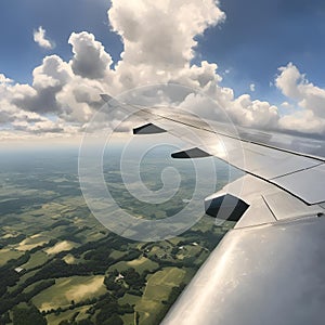 AI generated illustration of an airplane wing cutting through a cloudy blue sky