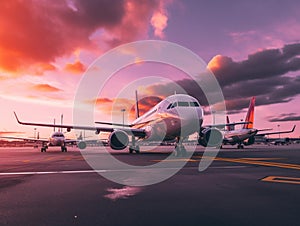 AI generated illustration of an airport with several airplanes parked on the tarmac at sunset