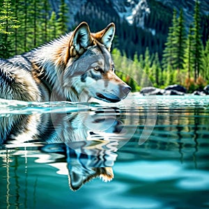 AI generated illustration of an Alaskan wolf taking a peaceful moment to unwind in the cool water