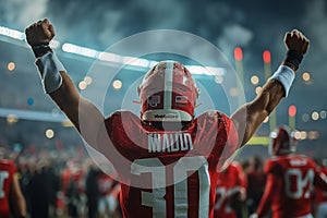 AI-generated illustration of an American football athlete celebrating with arms raised