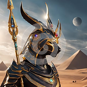 AI generated illustration of an ancient Egyptian statue of Anubis, the god of the afterlife