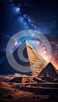 AI generated illustration of ancient pyramids in desert under starry sky