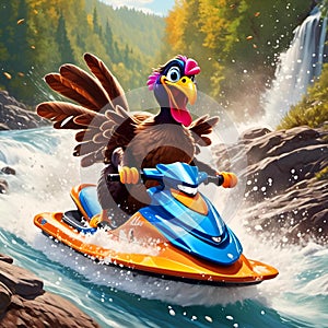 AI generated illustration of an animated Turkey riding a jet ski down a white water rapid river