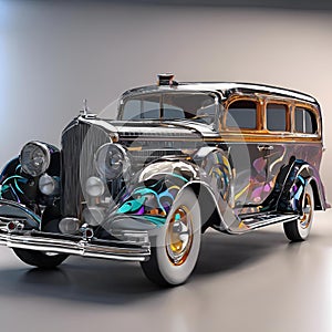 AI generated illustration of an antique automobile prominently showcased in a museum setting