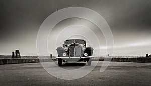 AI-generated illustration of an antique classic car in the middle of a misty road