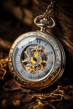 AI generated illustration of an antique pocket watch on a golden chain