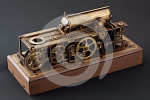 AI generated illustration of an antique-style, wooden timepiece with intricate gears