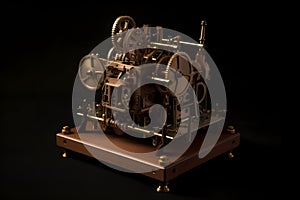 AI generated illustration of an antique-style, wooden timepiece with intricate gears