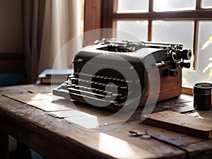 AI-generated illustration of an antique typewriter atop a wooden desk