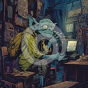 AI generated illustration of a anxious gremlin waiting for something important, comic book style