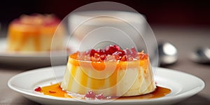 AI generated illustration of an appetizing and sumptuous creme caramel dessert in a white plate