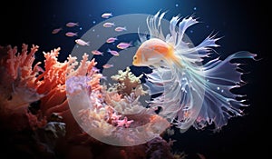 AI generated illustration of an aquarium tank filled with fish swimming around corals