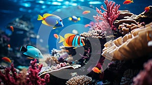 AI generated illustration of an aquarium tank full of colorful coral and a variety of fish species