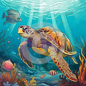 AI generated illustration of an aquatic sea turtle swimming through a tranquil blue ocean