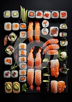 AI generated illustration of an arranged selection of sushi, from vibrant sashimi to delicate rolls