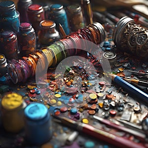 AI generated illustration of an array of art materials, including paints laid out on a wooden table