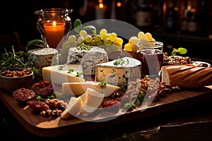 AI generated illustration of An array of assorted cheeses and nuts