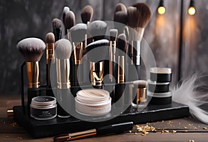 AI-generated illustration of an array of makeup brushes in a holder, a diverse selection