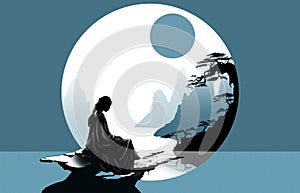AI generated illustration of an artful blend of bonsai, and moonlight with a female silhouette
