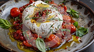 AI generated illustration of Artisanal burrata with San Marzano tomatoes is served on a plate