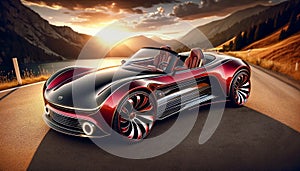 AI generated illustration of an artistic image of a vibrant red car cruising along a scenic road