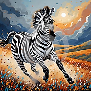 AI generated illustration of an artistic painting of a black and white zebra running across a field