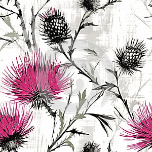 AI generated illustration of an artistic painting of purple thistle flowers on a white background