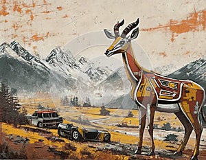 AI generated illustration of an artwork featuring a giraffe and two automobiles