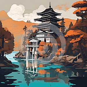 AI-generated illustration of an Asina pagoda surrounded by autumn trees and a tranquil lake