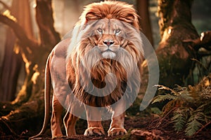 AI generated illustration of Aslan the Lion standing in a forest clearing in fictional Narnia photo