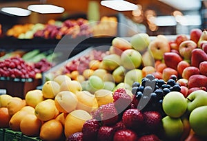 AI-generated illustration of assorted fruits neatly arranged in a grocery store produce section